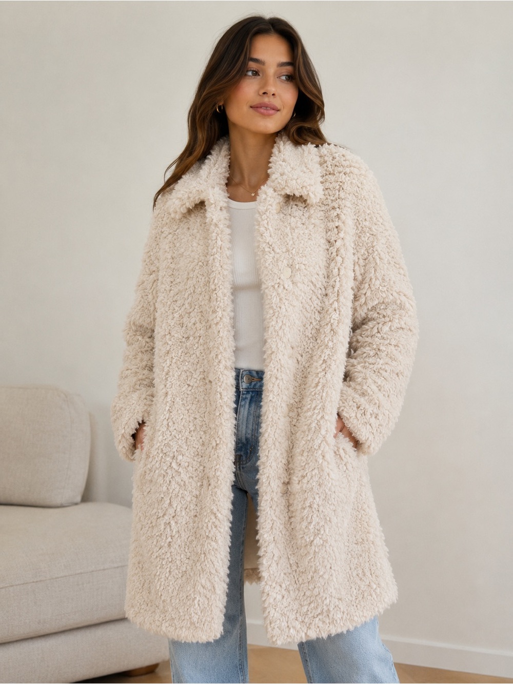 Joseph A. Cozy Teddy Cardigan Coat Women’s Ivory Medium